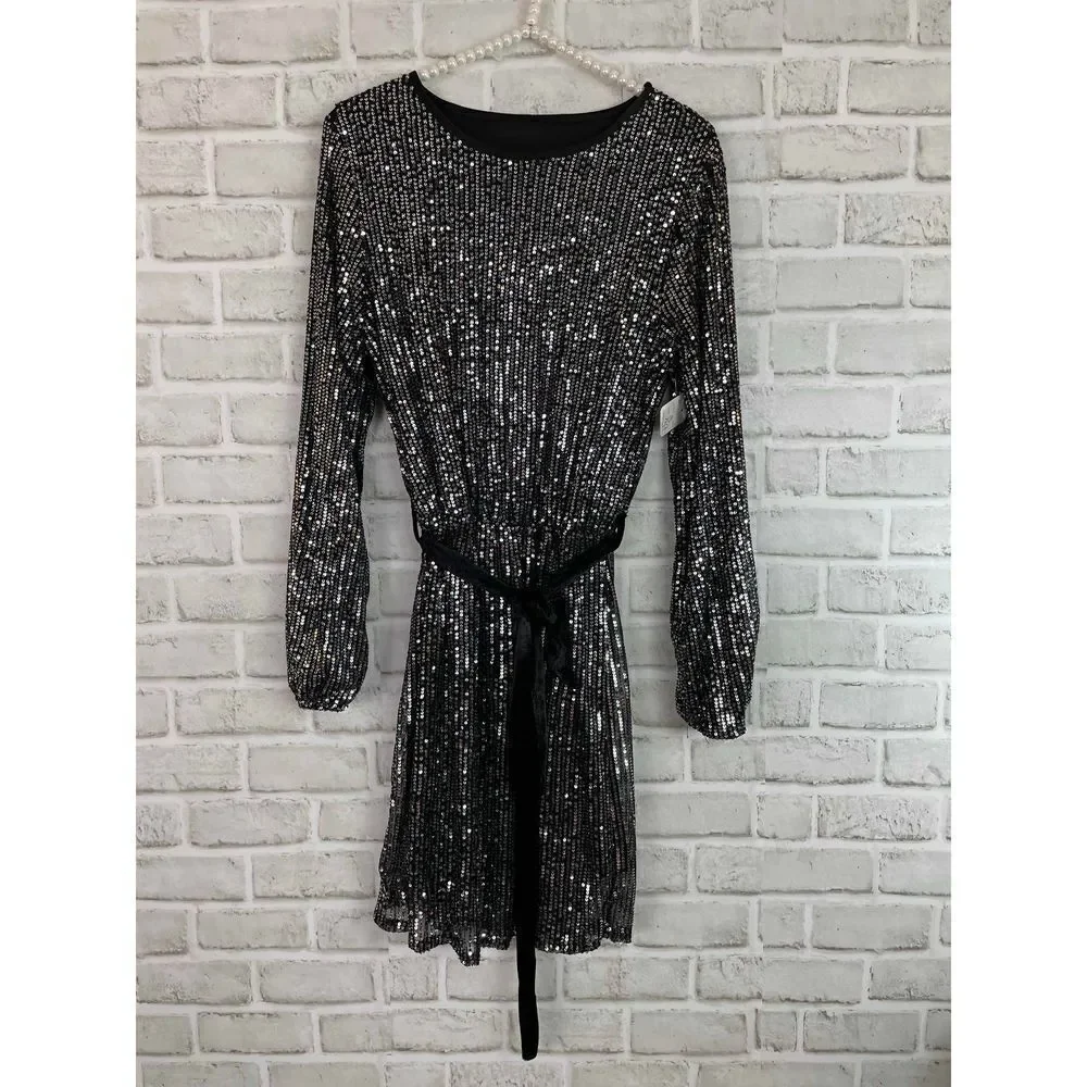 New Boutique Sparkle Black Silver Mini Dress with Velvet Tie Belt Women's Size S